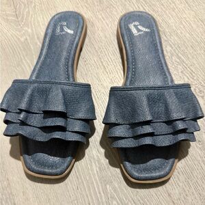 Report Denim Ruffle Slide Sandals